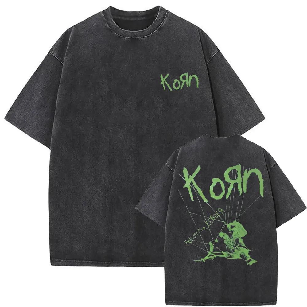 Washed Vintage Rock Band Korn Freak on A Leash Double Sided Print T Shirt Men Gothic Casual Oversized Tees Unisex Summer Tshirt