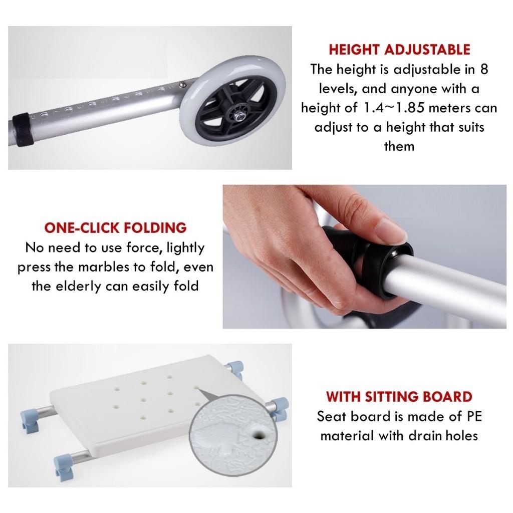 3-in-1-Gehgestell aus Aluminiumlegierung, höhenverstellbar, faltbar, Gehhalter für ältere Menschen, Toilettenstütze, Duschstuhl