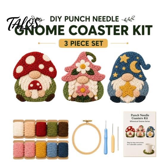 Gnome Punch Needle Coaster Kit Kit, DIY Craft Set with Pre-Printed Fabric for Adults Yarn Hoop Felt Backings, Embroidery Beginners And