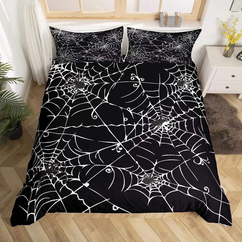 Spider Web Duvet Cover Set Halloween Spider Bedding Sets Boys Girls Black White Comforter Cover Trick Or Treat Quilt Cover Set
