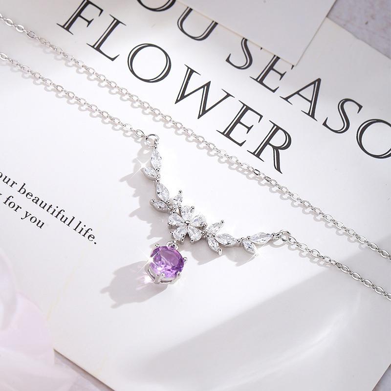 Women 925 Sterling Silver Wisteria Flower Natural Crystal Clavicle Necklace