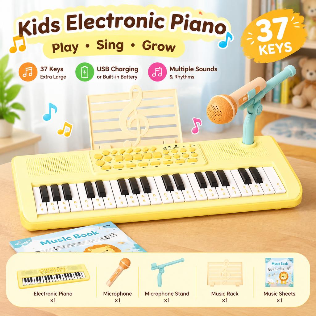 Kids 37-Key Electronic Piano Toy Set USB Rechargeable