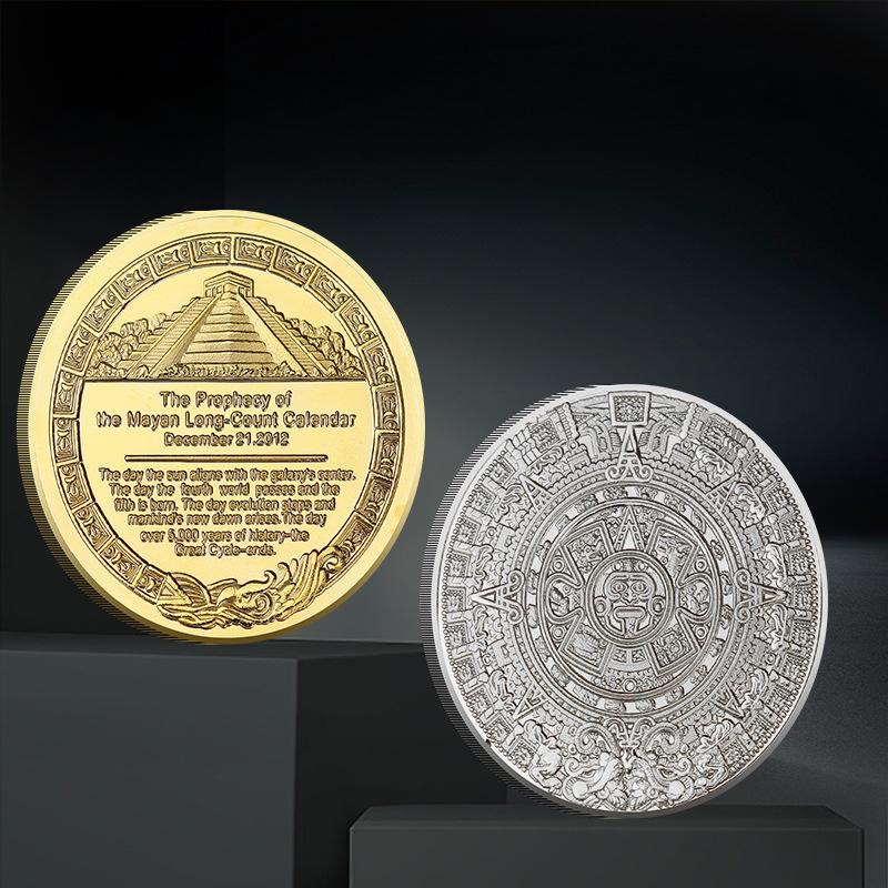 Mayská pamětní mince Pyramida Sluneční hodiny Mince v cizí měně Sběratelská 40mm mince Lucky Love v ochranné kulaté krabičce