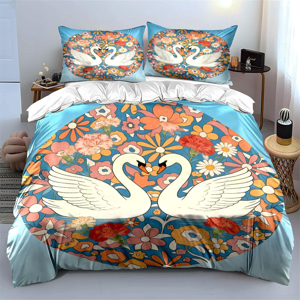 Romantic Swan Floral Decor Set Soft Comfortable Duvet Cover Bedding Set Included 1*Duvet Cover & 2*Pillowcases, Gift