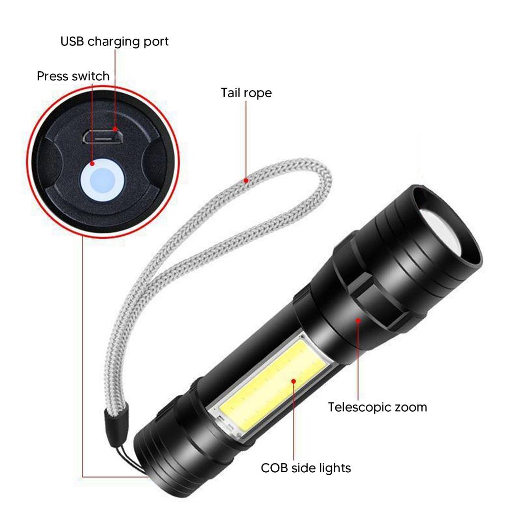 Rechargeable Flashlight 4 Modes High Brightness Metal Flashlight with COB Sidelight for Outdoor Camping Emergency