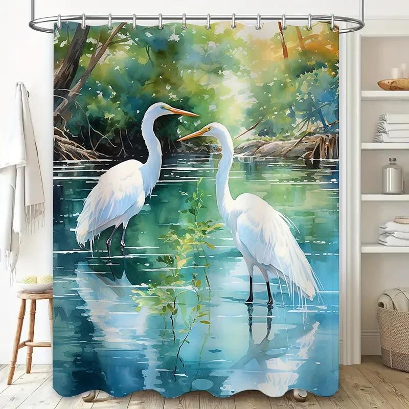 ~O~Watercolor Birds Bathroom Shower Curtain White Pelicans Swamp Print Home Decor Waterproof Fabric Shower Panel Suitable for Ba