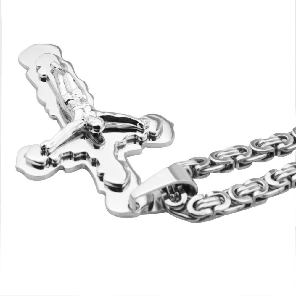 Nuova Moda 316 Acciaio Inossidabile Uomo Donna Colore Argento Ciondolo Croce Collana con 6mm 18-30 Pollici Catena Maglia Bizantina