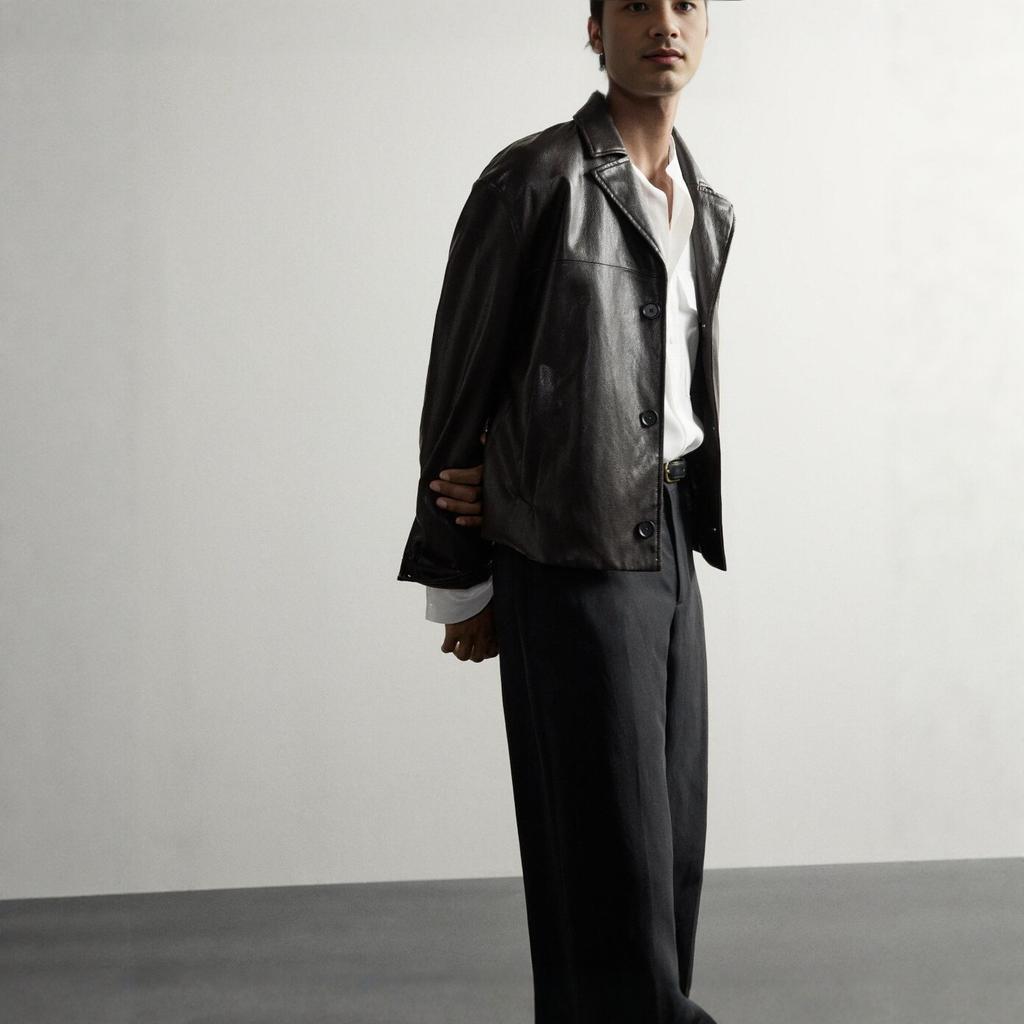 Men's lapel leather jacket, black minimalist short coat/retro tooling leather jacket men