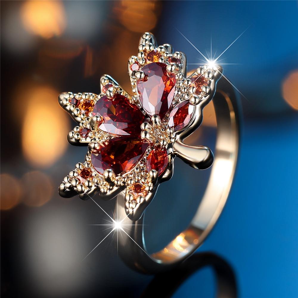 Crystal Female Red Zircon Stone Tree Leaf Engagement Ring Vintage Gold Color Wedding Bands Jewelry For Women Men