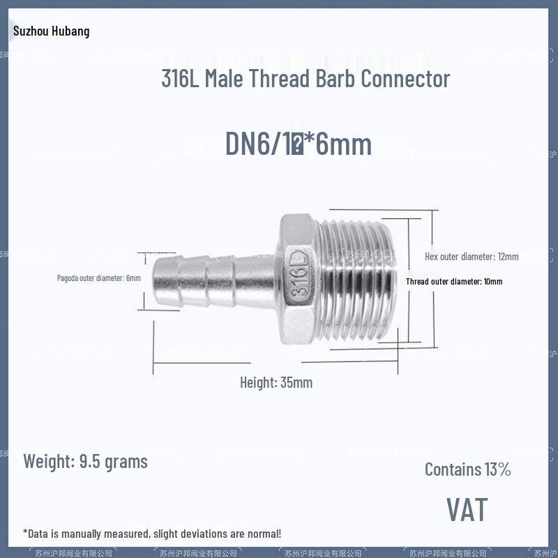 1" Hexagonal Barb Connector, 304 Stainless Steel for Water Pipe Hose, 316 Male Thread Plug