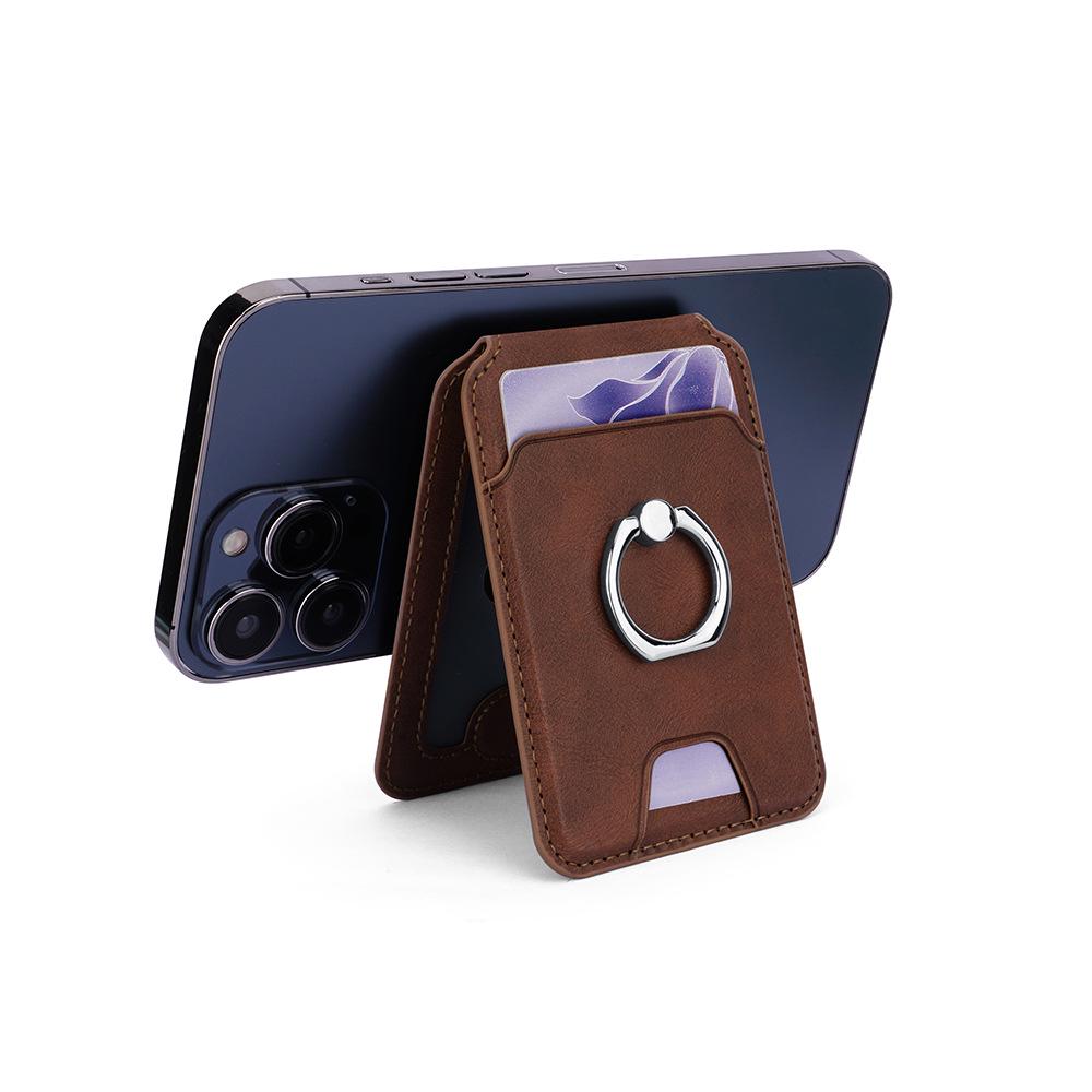 Compatible Apple MagSafe Leather Card Holder and Phone Stand with ID Storage and Finger Ring.