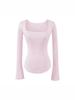 Koreanischer Stil Schlank geschnittenes Quadratischer Ausschnitt Glockenärmel Damen T-Shirt, Elegant Nische, Tailliert, Sexy Schlankmachendes Basisschicht Top