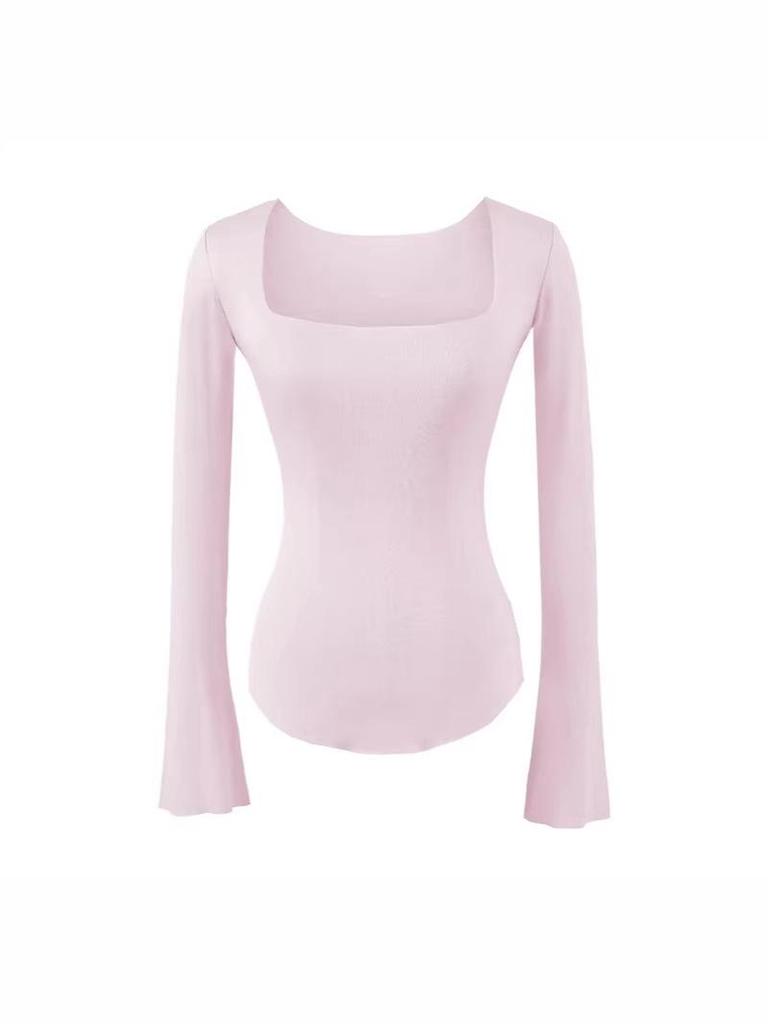Koreanischer Stil Schlank geschnittenes Quadratischer Ausschnitt Glockenärmel Damen T-Shirt, Elegant Nische, Tailliert, Sexy Schlankmachendes Basisschicht Top