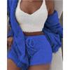 Women's Loose Fit Three Piece Loungewear Long Sleeve Fuzzy Cardigan V Neck Tank Drawstring Waist Shorts Winter Solid Tracksuit
