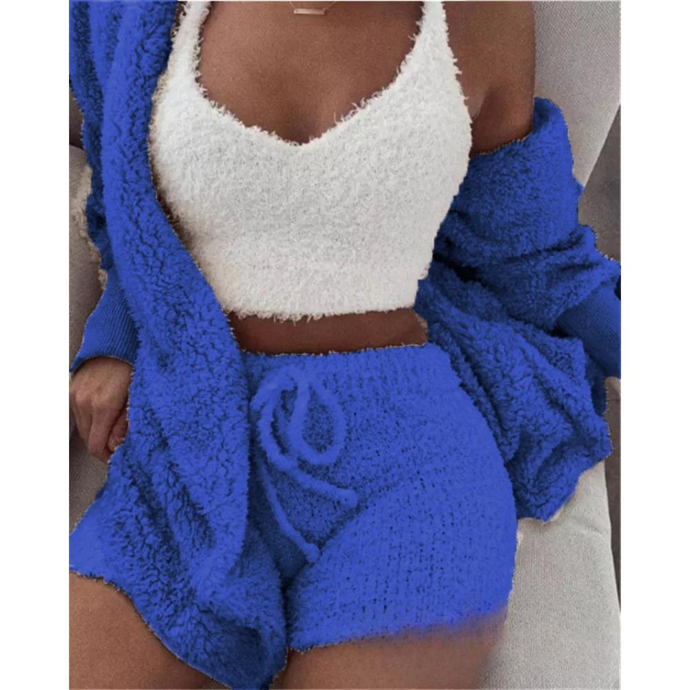 Women's Loose Fit Three Piece Loungewear Long Sleeve Fuzzy Cardigan V Neck Tank Drawstring Waist Shorts Winter Solid Tracksuit