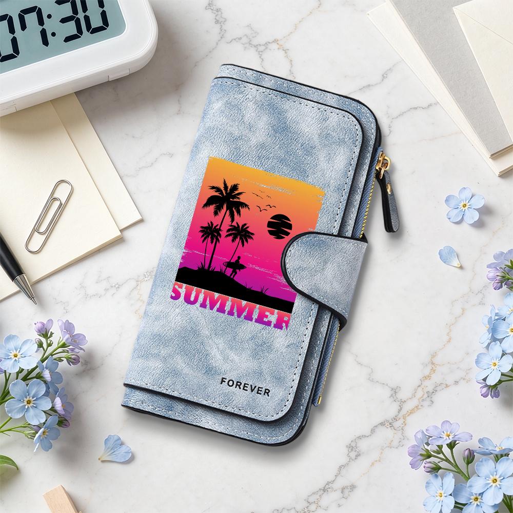 Retro Summer Beach Pattern Long Wallet Fashion Large Capacity Multi Slot Card Holder Zipper Purse