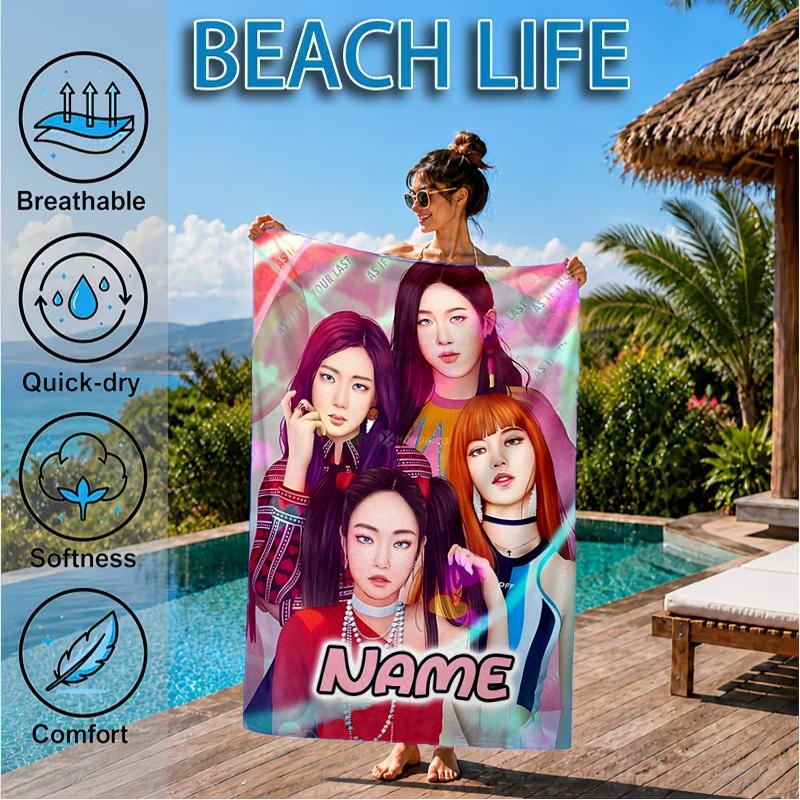 Custom Name Neon Kpop BP Beach Towel Microfiber Beach Towel, Lightweight and Quick-Dry, for Summer Travel, Swimming Pool Gift