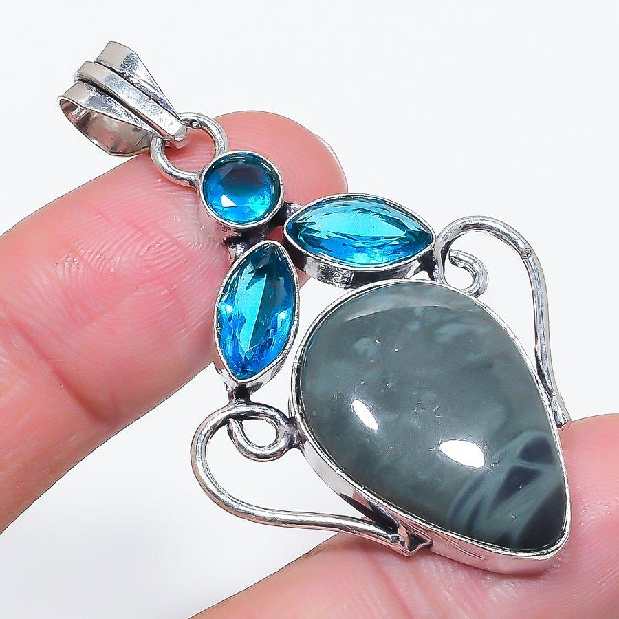 Natural Kambaba Jasper, Topaz 925 Sterling Silver Jewelry Pendant 2.21" q7L06