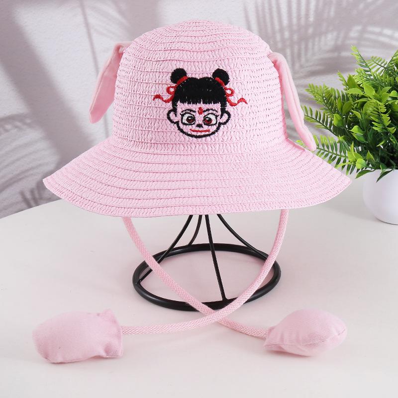 Ears move rabbit hat scenic cartoon cute children's straw hat summer sun protection Nezha sun hat airbag hat