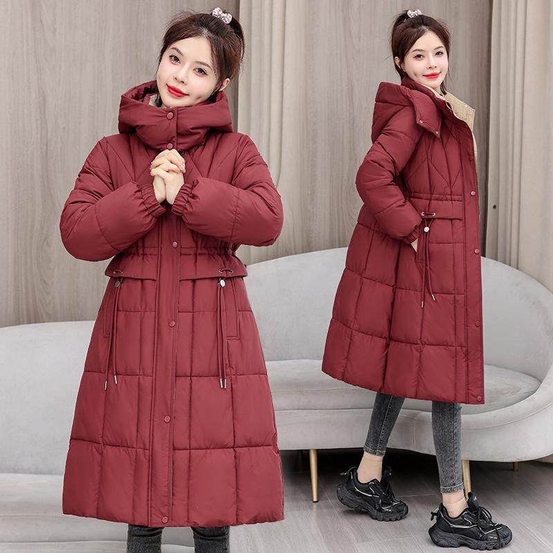 2025 winter new waist medium and long knee cotton-padded clothes fashion thin cotton clothes hooded jacket tide