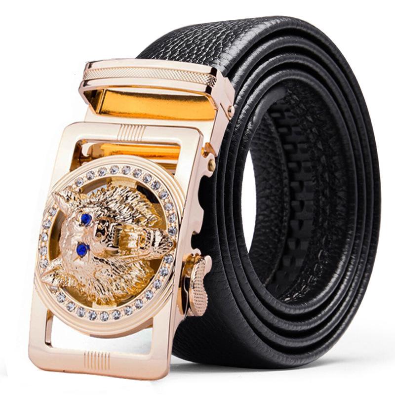 Genuine Leather Wolf Belt for Men Polychrome Rhinestone Alloy Belt Automatic Buckle Black Luxury Brand Plus Size Ceinture Homme