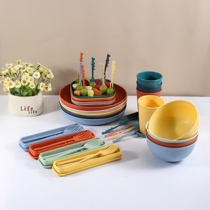 Nordic Wheat Straw Cutlery Set: Soup Bowl, Plate, Cup, Fork, Knife, Spoon, Gift.