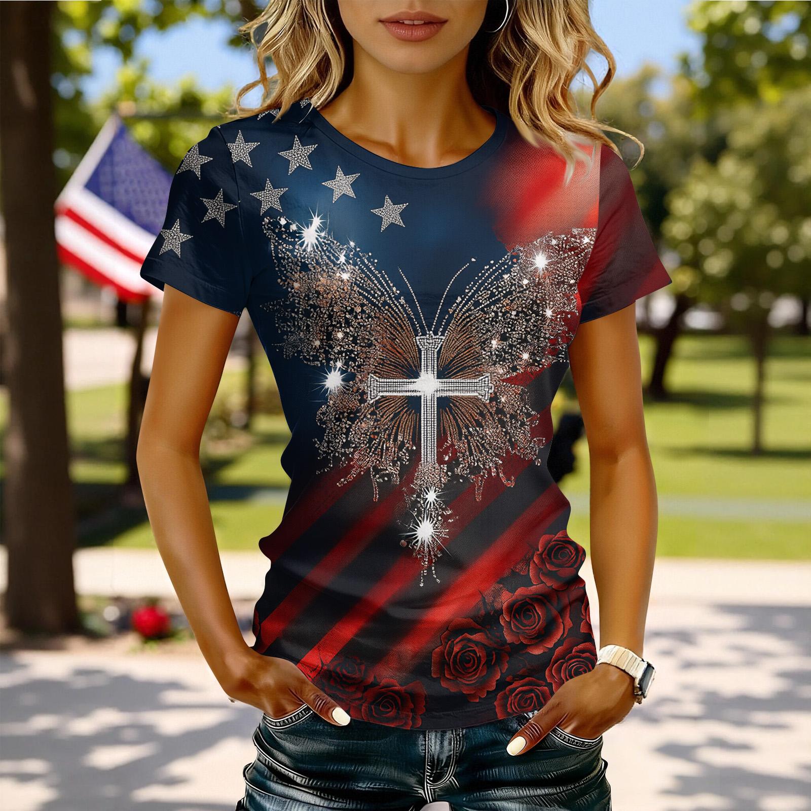 250 Anniversary USA Shirt Women Trendy Print Patriotic American Flag Tops Pullover Casual Loose Short Sleeve T Shirts M