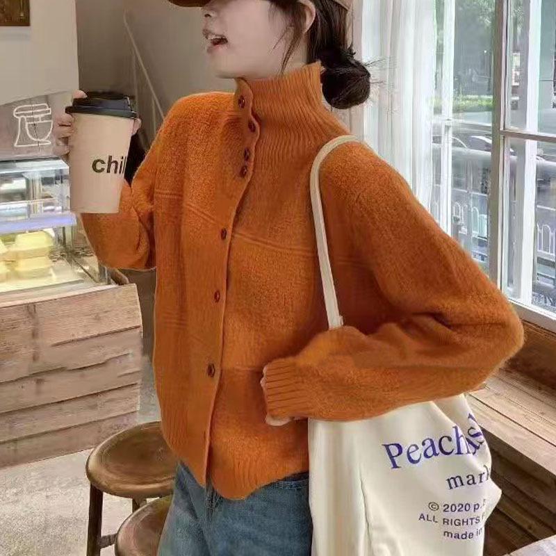 Women's Winter Korean High Neck Wool Sweater Coat - Casual, Warm, Single-Breasted, Loose Fit.