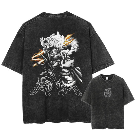 Japanese Anime One Piece Retro Washed Tshirt Men and Women Summer Harajuku YK Clothing Round Neck Short Sleeved Tshirt Unisex