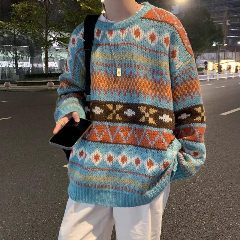 Men's New Style Jacquard Sweater for Autumn and Winter Vintage Japanese-style Crewneck Warm Loose Couples' Knitted Top