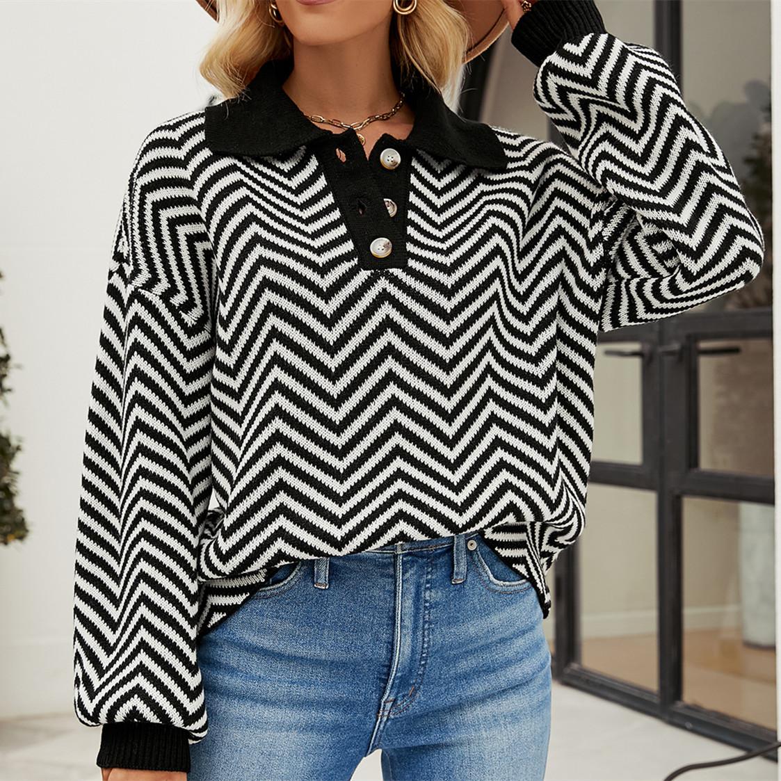 

GMXIA женские модные повседневные полосатые принты осень-зима с длинным рукавом ПОЛО с воротником свободные свитера L чёрный