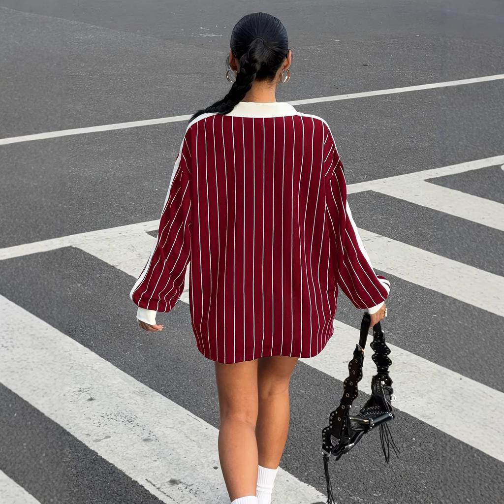 Dam Vintage Sports Färgblock Krage Randig Överdimensionerad Långärmad Tröja Casual Topp