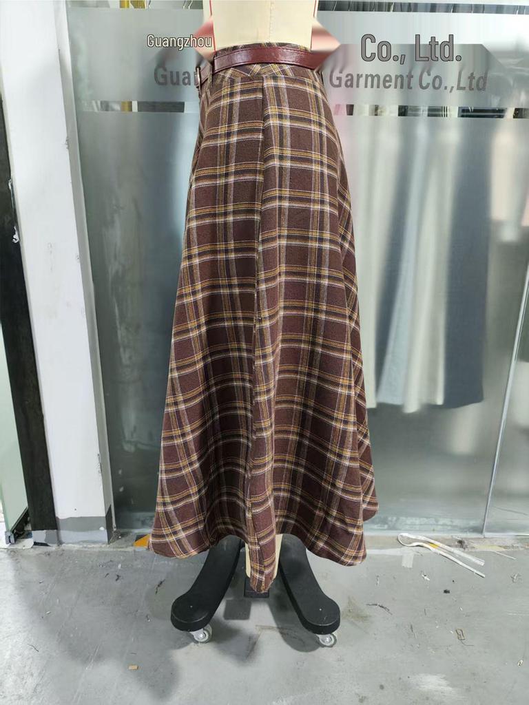 Women's Coffee Plaid A-line High-Waisted Retro Wrap Skirt