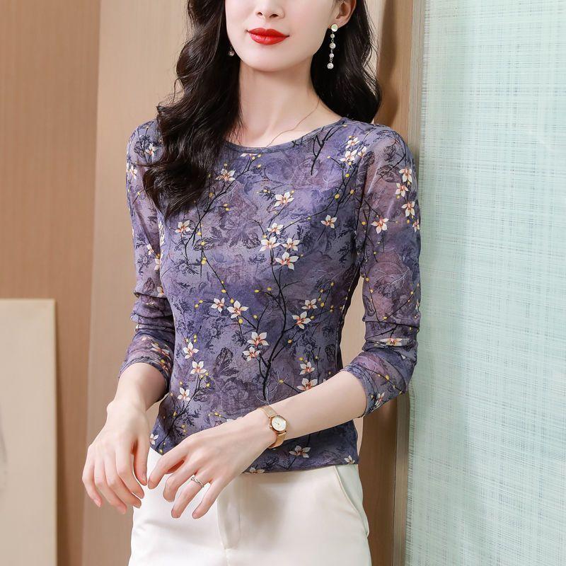 

Mesh floral elastic long-sleeved T-shirt autumn top women s slim-fit printed thin bottoming shirt M 95-105