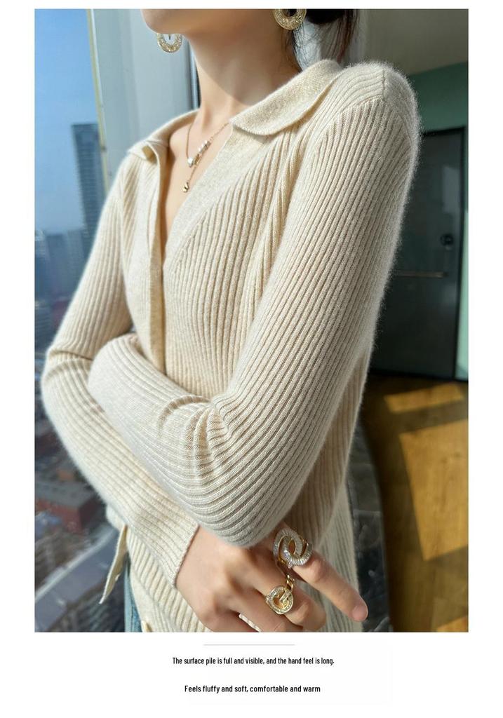2024 Autumn/Winter Wool Lapel Cardigan with Pockets - Seven-Stitch, Thick, Solid Color Knitwear