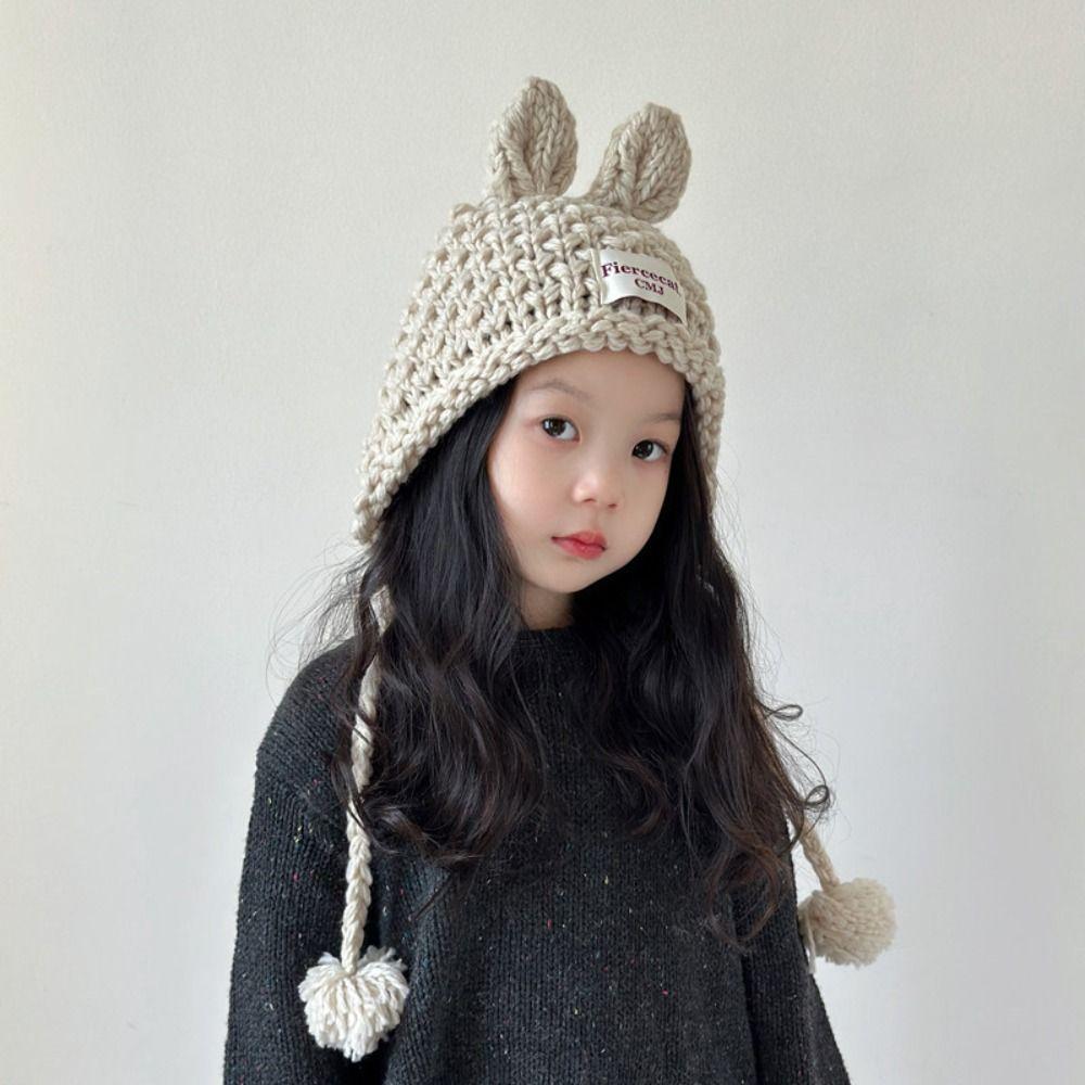 Rabbit Ear Kids Knitted Hat Solid Color Warm Winter Cap Warm Crochet Beanie Outdoor Winter