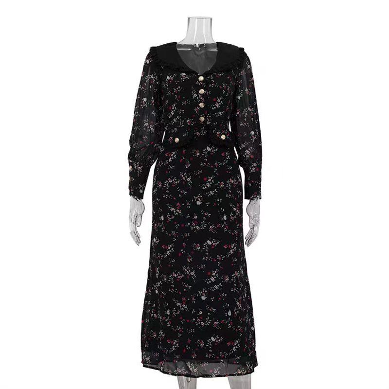 

French style Design Sense Frill Lapel Long sleeve Floral Dress High Waisted Floral Dress Black S