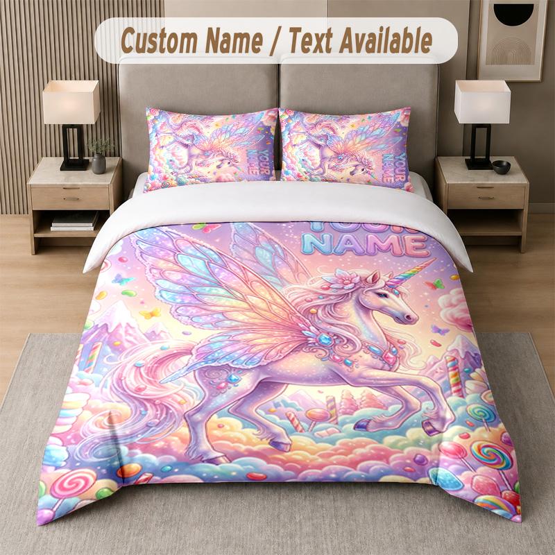 Unicorn Theme Custom Text Or Name 3Pcs Bedding Set 1 Flat Sheet & 2 Pillowcases Personalized Home Bedding