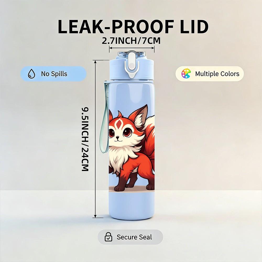 1PC Nine Tailed Fox Cartoon 750ml Color Plastic Sports Water Bottle Leakproof Flip Straw Lid Suitable for Sports Office Home Use