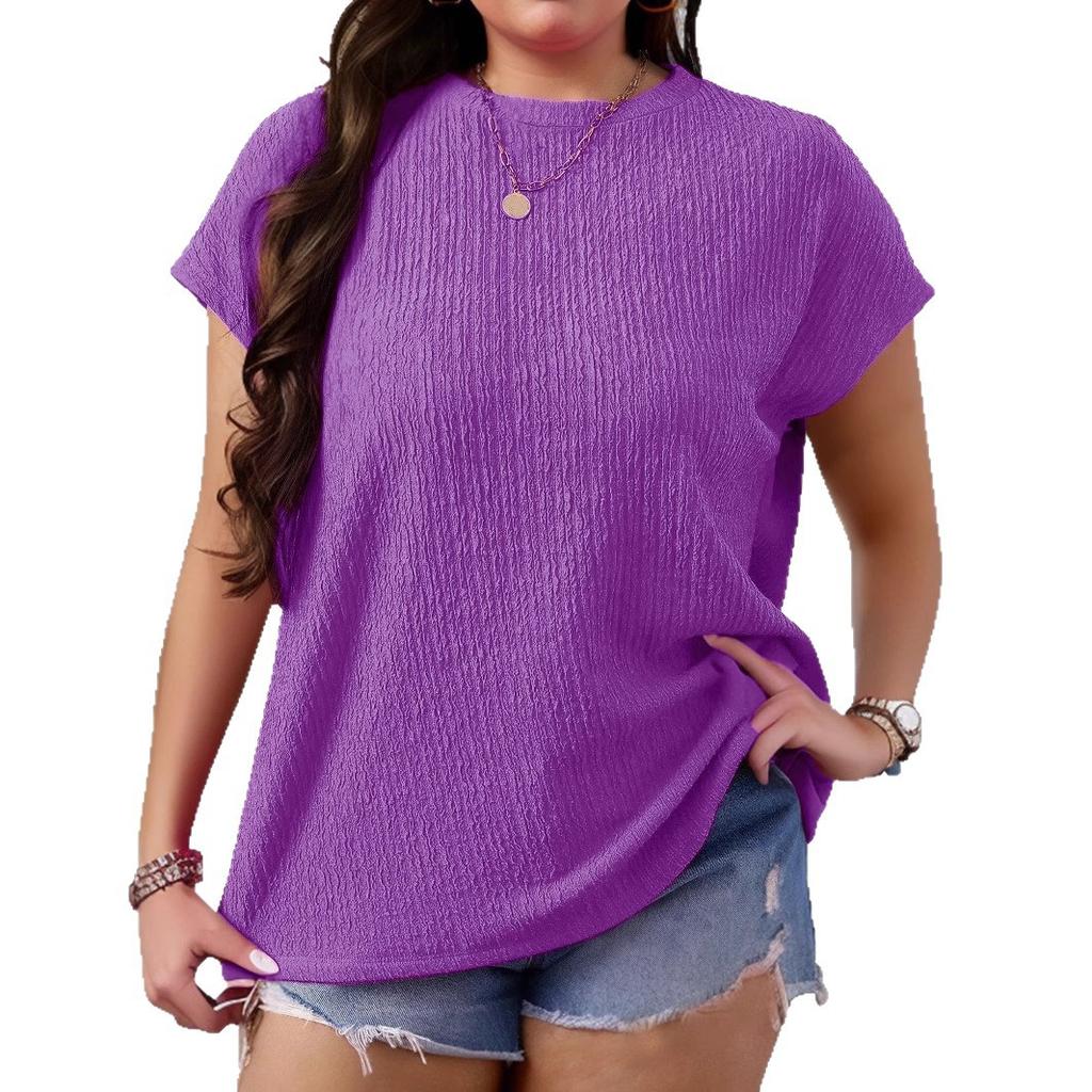 Summer New Plus-size Fashionable Women's Round-neck Solid Color Small Flying Sleeve Short-sleeved T-shirt