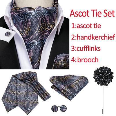 Mens Tie Set Jacquard Woven Paisley Ascot Tie Pocket Square Cufflinks Brooch Set