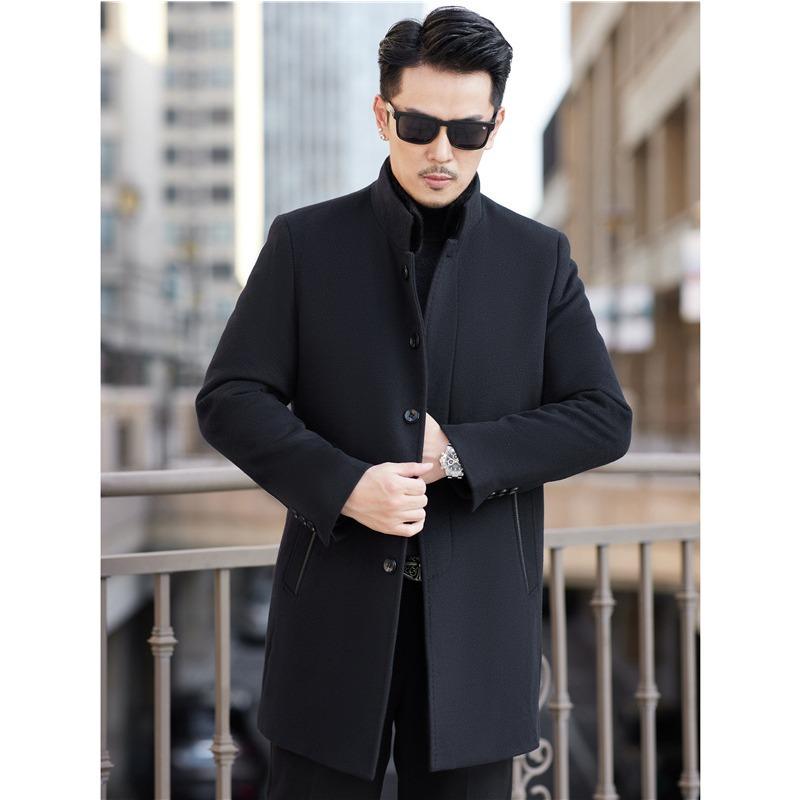 

Новое зимнее кашемировое пальто для мужчин, подкладка из меха кролика-рекса средней длины, утолщенное шерстяное пальто средней выдержки, воротник-стойка из меха норки 195