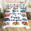 Happy Camping Dekbedovertrek Queen Cartoon Caravan Camping Beddengoedset Boerderij Stijl 3D Camper Dekbedovertrek Met Kussenslopen
