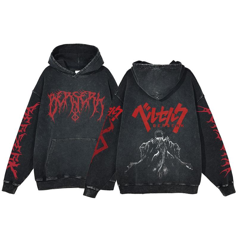 Berserk Potlač loga s kapucňou Bavlna Vintage Anime Streetwear Muži Ženy Bežné mikiny s kapucňou Nadrozmerný Pulóver Harajuku Pánska mikina