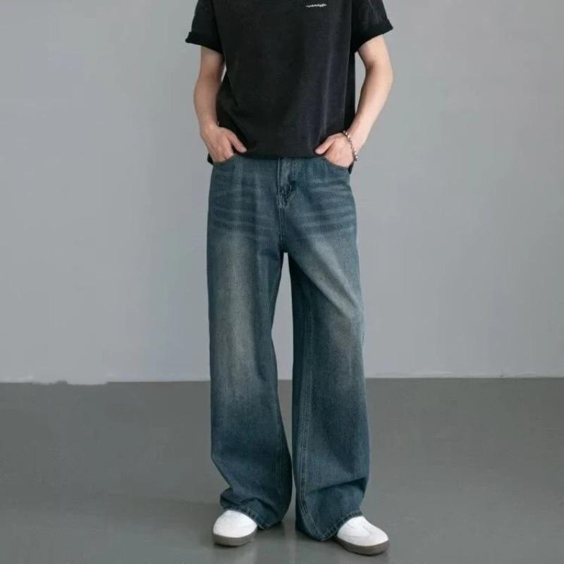 Jeansy Męskie Retro Amerykańskie Jesień Zima Elastyczny Pas Luźne Proste Szerokie Nogawki Długie Spodnie