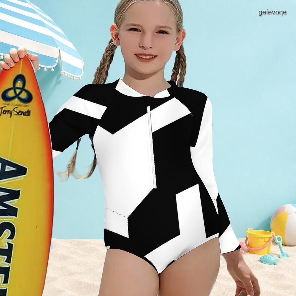 Girls High Neck Long Sleeve Front Zip One Piece Swimsuit Black White Geometric Printed