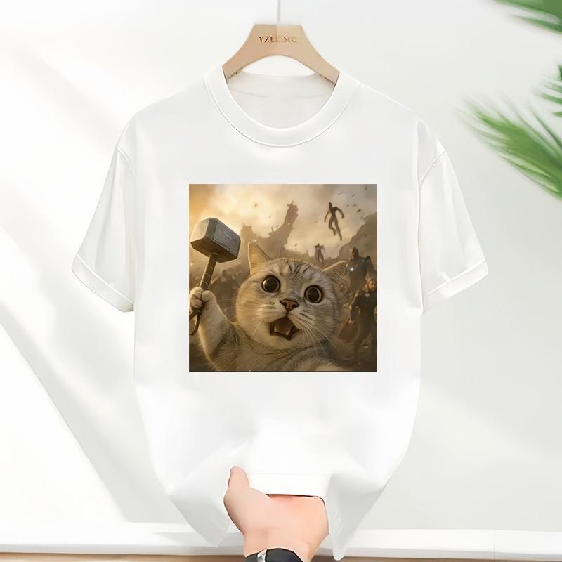 White TShirt Helmet Wearing Tabby Cat Print Background With Fighter Jets Missile Explosion Battle Scene Funny Creative Top