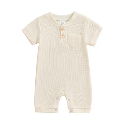 Baby Boy Jumpsuit Summer Short Sleeve Solid Color Button Romper Newborn Waffle Playsuit