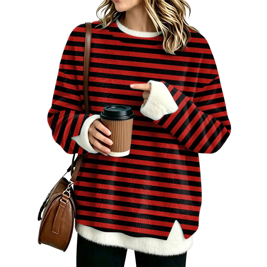 Women's Fashion Flannel Round Neck Two-Piece Striped Print Top with Spliced Design