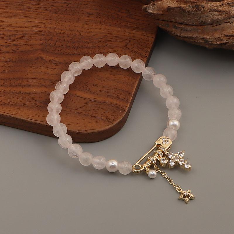 Natural pink crystal Shijia pearl pink love kt cat cross bamboo joint elastic stacked bracelet bracelet